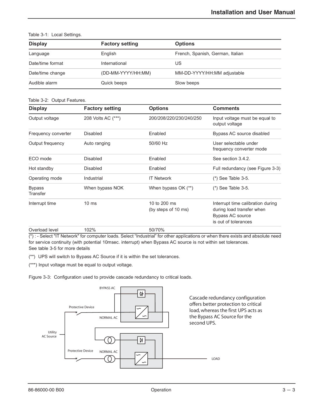 MGE UPS Systems EX-5, EX-7, EX-11RT manual Display Factory setting Options Comments 