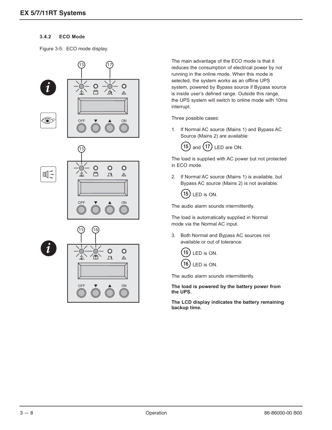 MGE UPS Systems EX-5, EX-7, EX-11RT manual ECO Mode, ECO mode display 