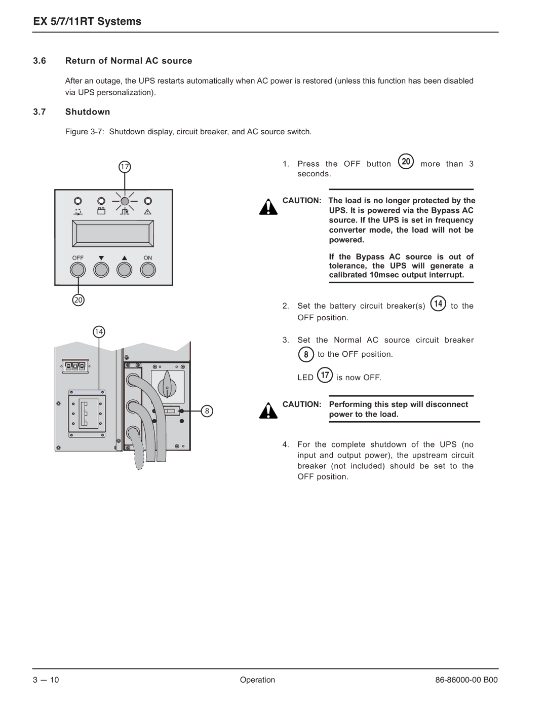 MGE UPS Systems EX-5, EX-7, EX-11RT manual Return of Normal AC source, Shutdown, Power to the load 