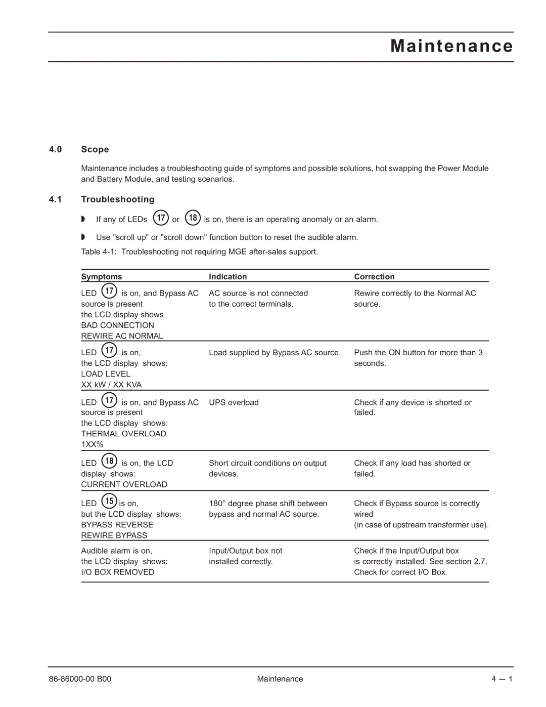 MGE UPS Systems EX-5, EX-7, EX-11RT manual Troubleshooting, Symptoms Indication Correction 