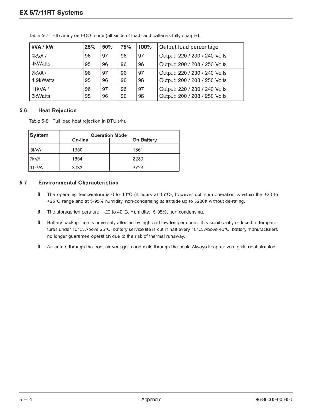 MGE UPS Systems EX-5, EX-7, EX-11RT manual Heat Rejection, System, Environmental Characteristics 