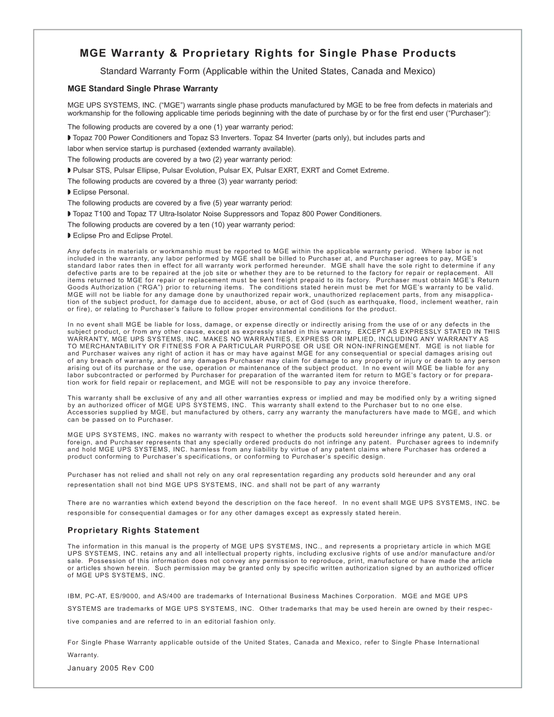 MGE UPS Systems EX-5, EX-7, EX-11RT manual MGE Standard Single Phrase Warranty, Proprietary Rights Statement 