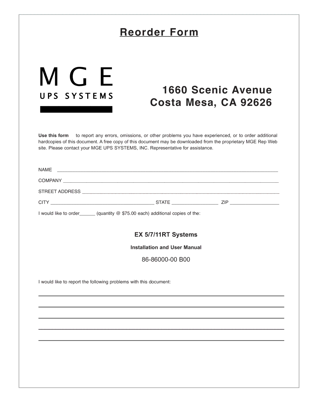 MGE UPS Systems EX-5, EX-7, EX-11RT manual Reorder Form Scenic Avenue Costa Mesa, CA 