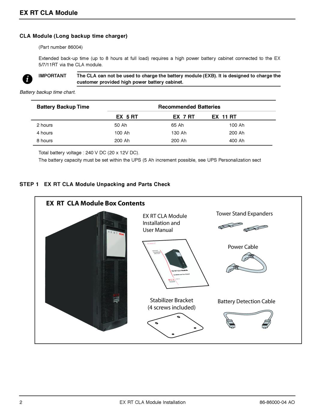 MGE UPS Systems user manual EX RT CLA Module Box Contents 