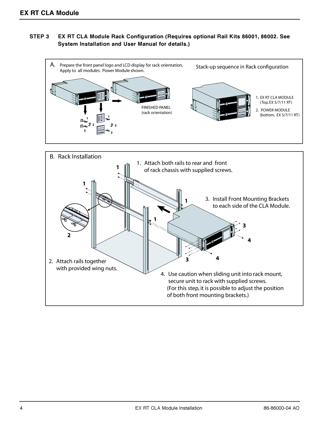 MGE UPS Systems EX RT CLA user manual Attach both rails to rear and front, With provided wing nuts 