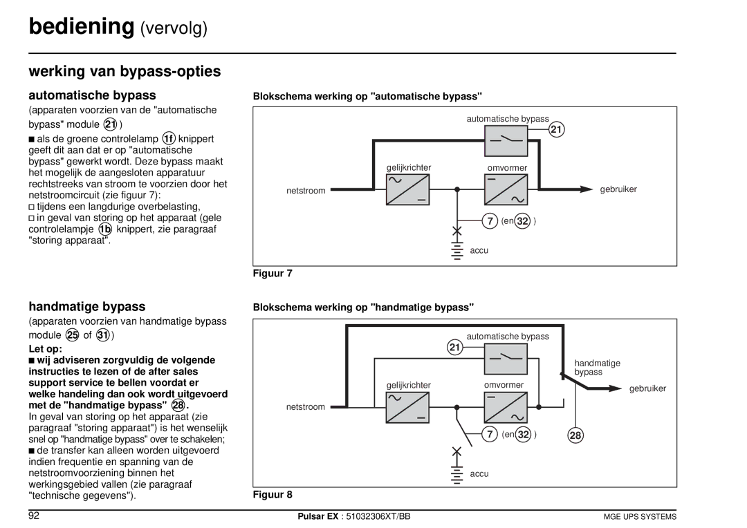 MGE UPS Systems EX20, EX30, EX40 manuel dutilisation Werking van bypass-opties, Automatische bypass, Handmatige bypass 