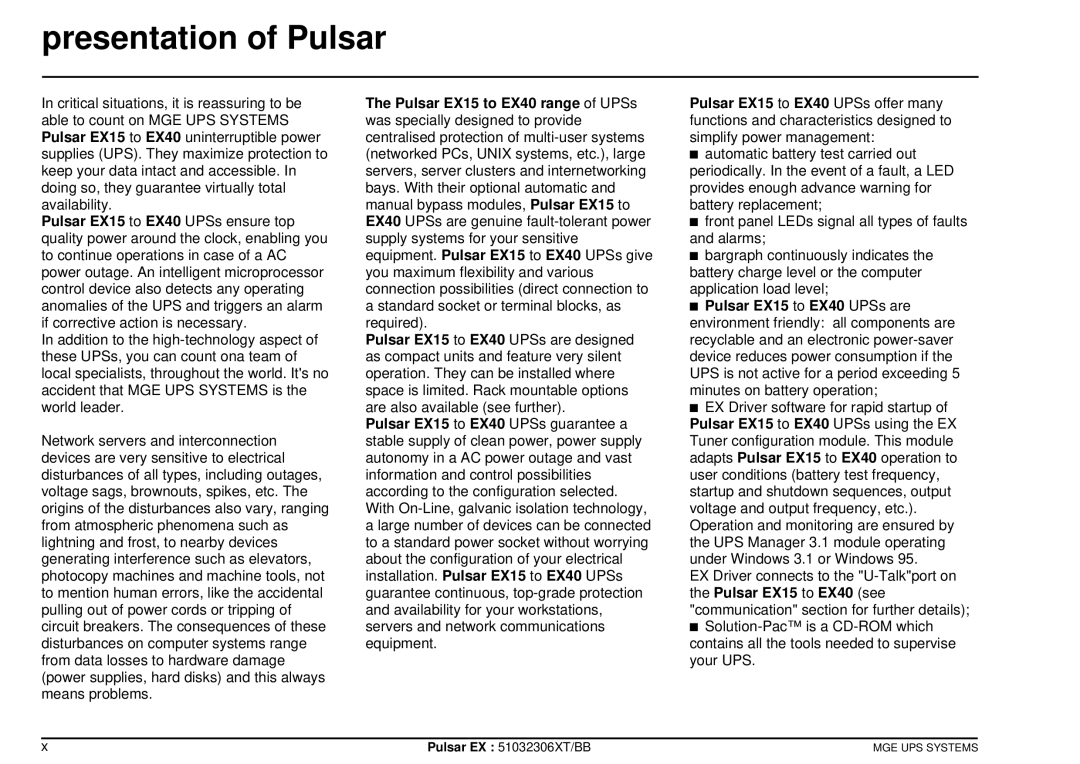 MGE UPS Systems EX20, EX30, EX40 manuel dutilisation Presentation of Pulsar 