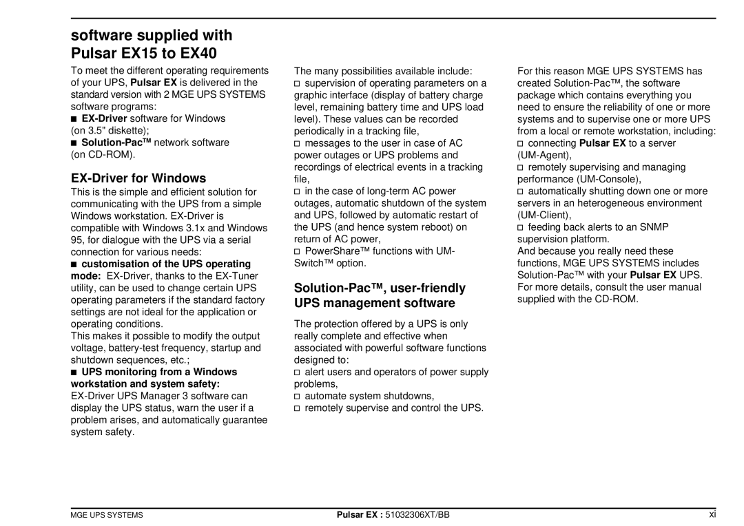 MGE UPS Systems EX30, EX20 manuel dutilisation Software supplied with Pulsar EX15 to EX40, EX-Driver for Windows 
