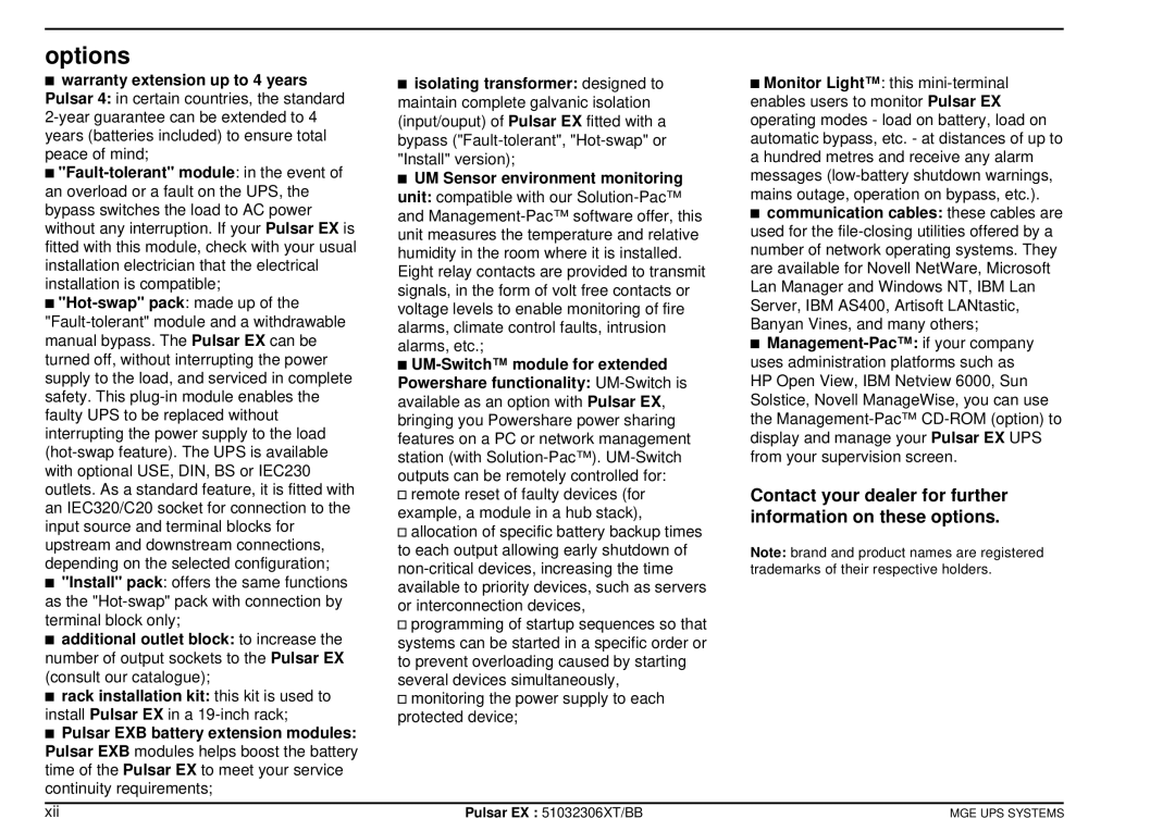 MGE UPS Systems EX40, EX20, EX30 manuel dutilisation Options, Xii 