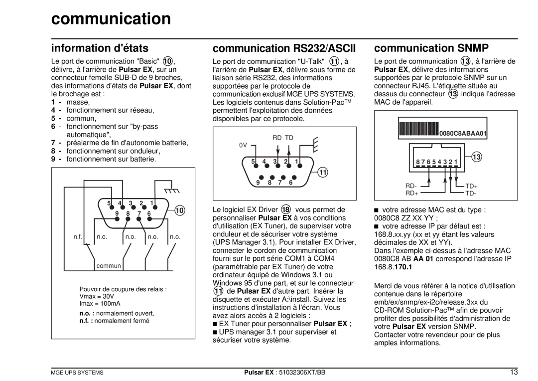 MGE UPS Systems EX40, EX20, EX30 manuel dutilisation Information détats, Communication RS232/ASCII, Communication Snmp 