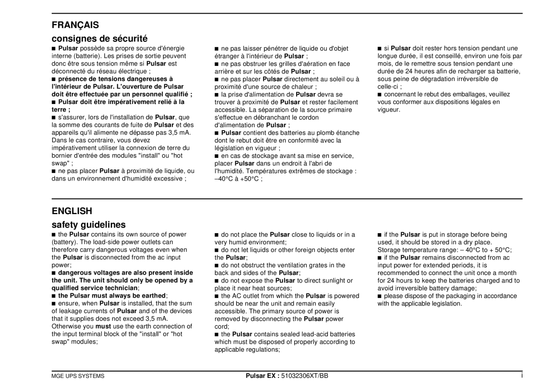 MGE UPS Systems EX20, EX30, EX40 manuel dutilisation Consignes de sécurité, Safety guidelines 