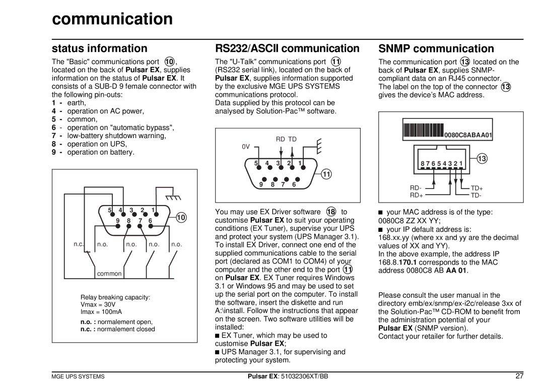 MGE UPS Systems EX30, EX20, EX40 manuel dutilisation Status information, RS232/ASCII communication, Snmp communication 