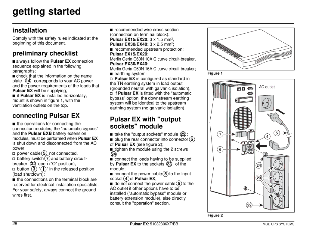 MGE UPS Systems EX40, EX20, EX30 Getting started, Installation, Preliminary checklist, Connecting Pulsar EX 