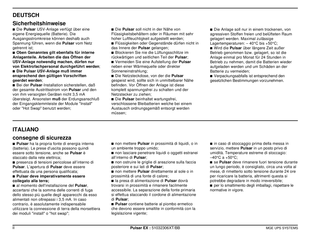 MGE UPS Systems EX30, EX20, EX40 manuel dutilisation Sicherheitshinweise, Consegne di sicurezza 