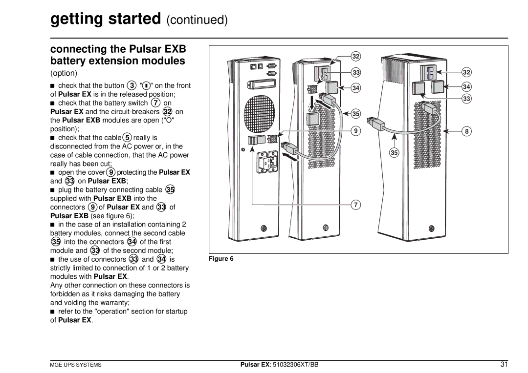 MGE UPS Systems EX40, EX20, EX30 manuel dutilisation Connecting the Pulsar EXB battery extension modules, Option 