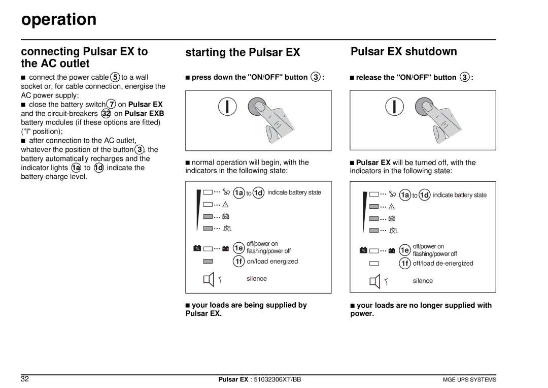 MGE UPS Systems EX20, EX30 Operation, Connecting Pulsar EX to the AC outlet, Starting the Pulsar EX, Pulsar EX shutdown 