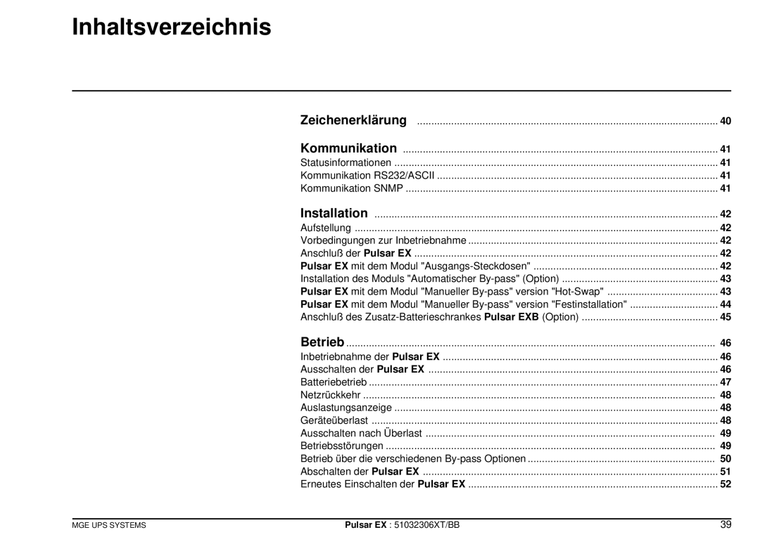 MGE UPS Systems EX30, EX20, EX40 manuel dutilisation Inhaltsverzeichnis, Zeichenerklärung Kommunikation, Betrieb 