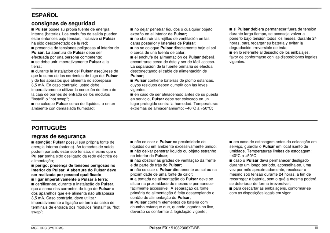 MGE UPS Systems EX40, EX20, EX30 manuel dutilisation Consignas de seguridad, Regras de segurança, Iii 