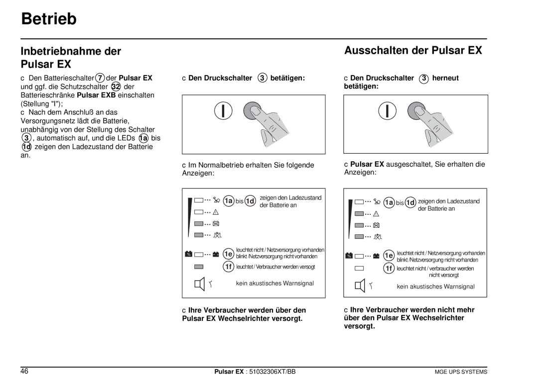 MGE UPS Systems EX40, EX20 Betrieb, Inbetriebnahme der Pulsar EX, Ausschalten der Pulsar EX, Den Druckschalter 3 betätigen 