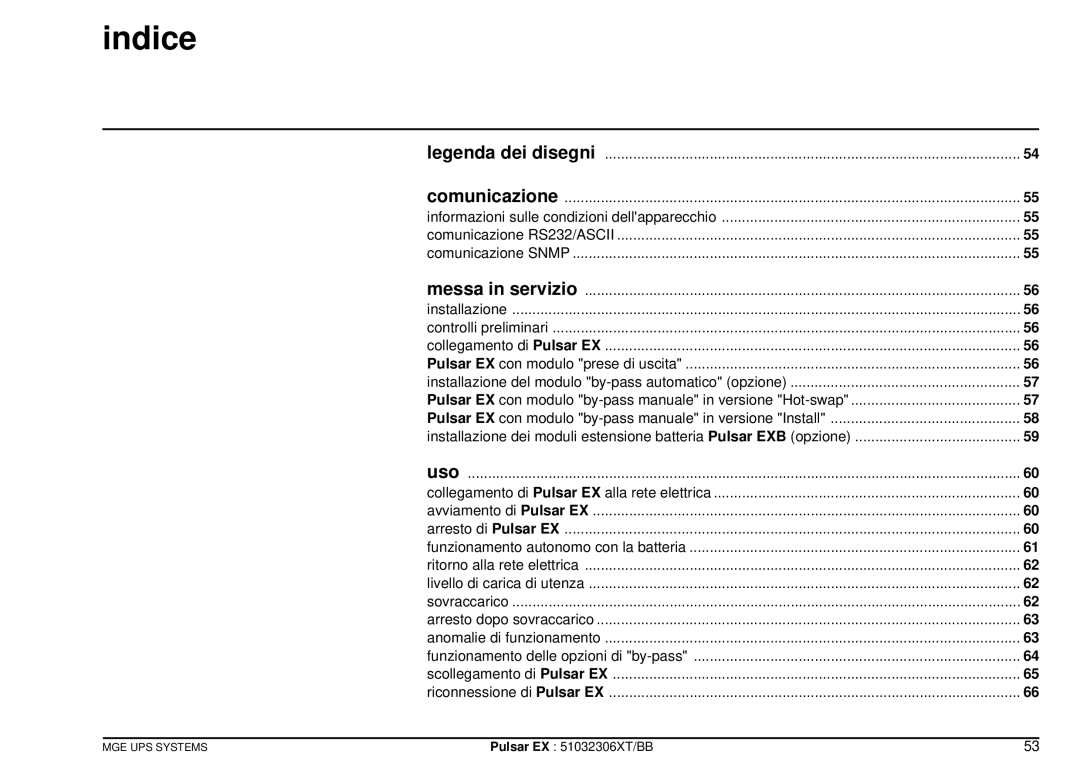 MGE UPS Systems EX20, EX30, EX40 manuel dutilisation Indice, Comunicazione, Messa in servizio, Uso 