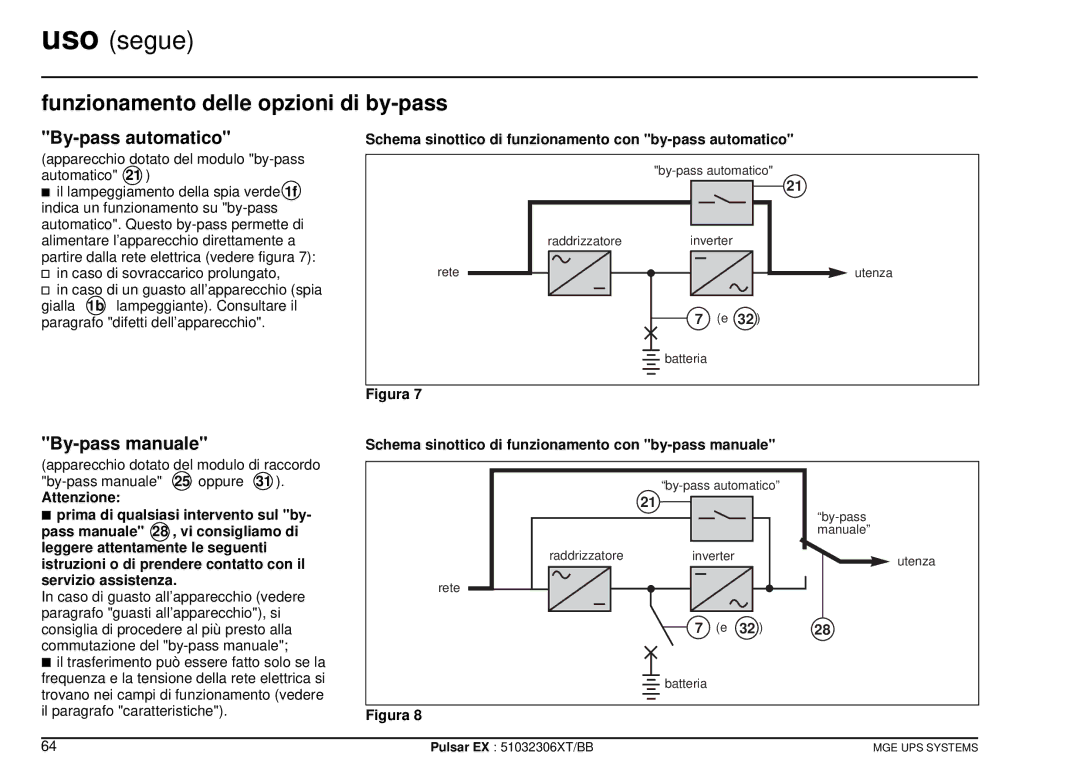 MGE UPS Systems EX40, EX20, EX30 Funzionamento delle opzioni di by-pass, By-pass automatico, By-pass manuale, Attenzione 