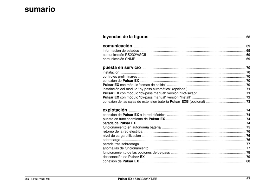 MGE UPS Systems EX40, EX20 Sumario, Comunicación, Puesta en servicio, Explotación, Funcionamiento en autonomía batería 