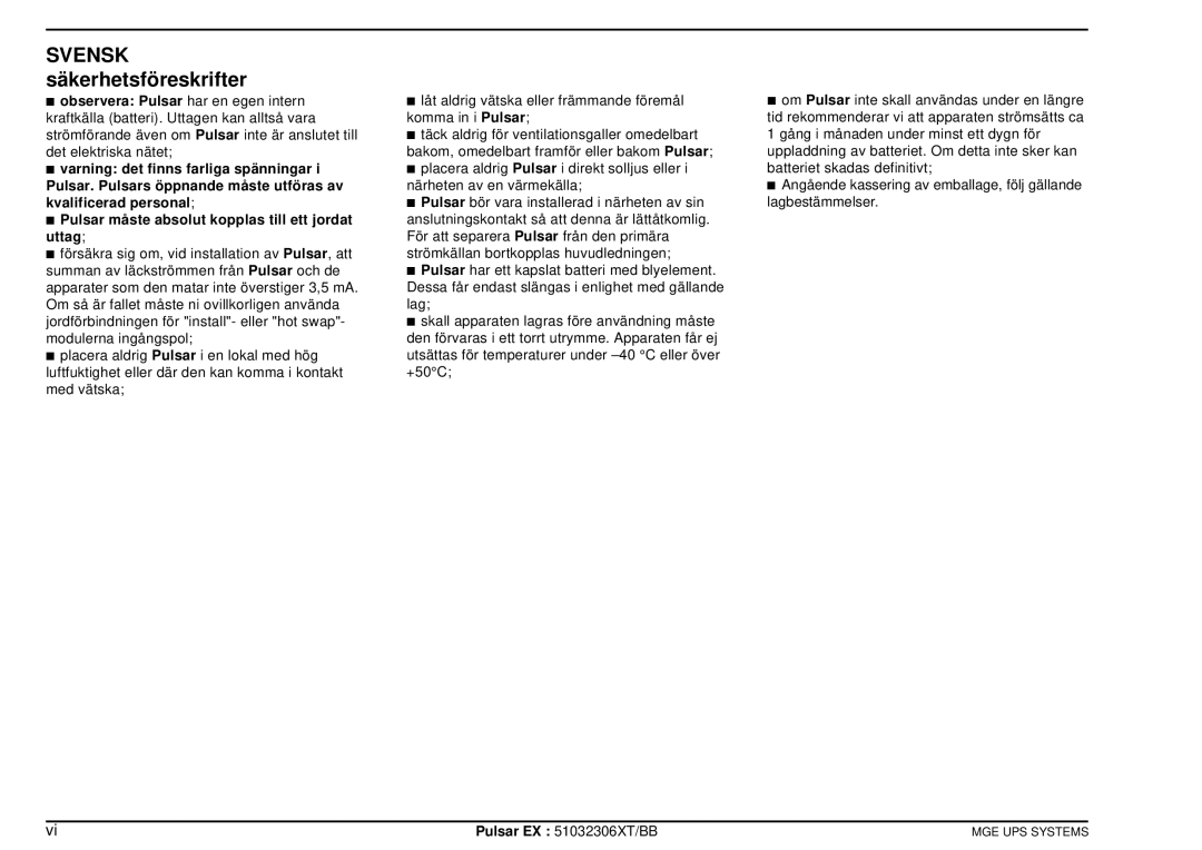 MGE UPS Systems EX40, EX20, EX30 manuel dutilisation Svensk säkerhetsföreskrifter 