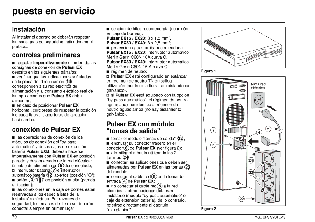 MGE UPS Systems EX40, EX20, EX30 Puesta en servicio, Instalación, Controles preliminares, Conexión de Pulsar EX 