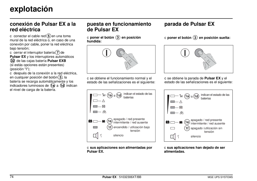 MGE UPS Systems EX20, EX30 Explotación, Conexión de Pulsar EX a la red eléctrica, Puesta en funcionamiento de Pulsar EX 