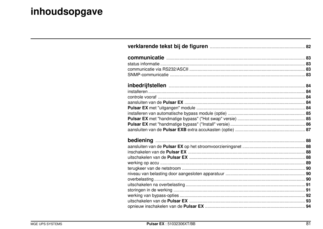 MGE UPS Systems EX30, EX20, EX40 manuel dutilisation Inhoudsopgave, Communicatie, Bediening 