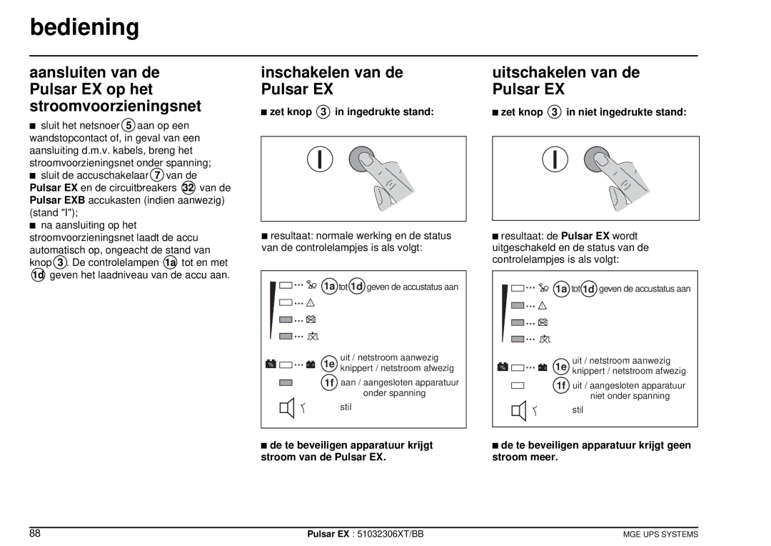 MGE UPS Systems EX40 Bediening, Aansluiten van de Pulsar EX op het stroomvoorzieningsnet, Inschakelen van de Pulsar EX 