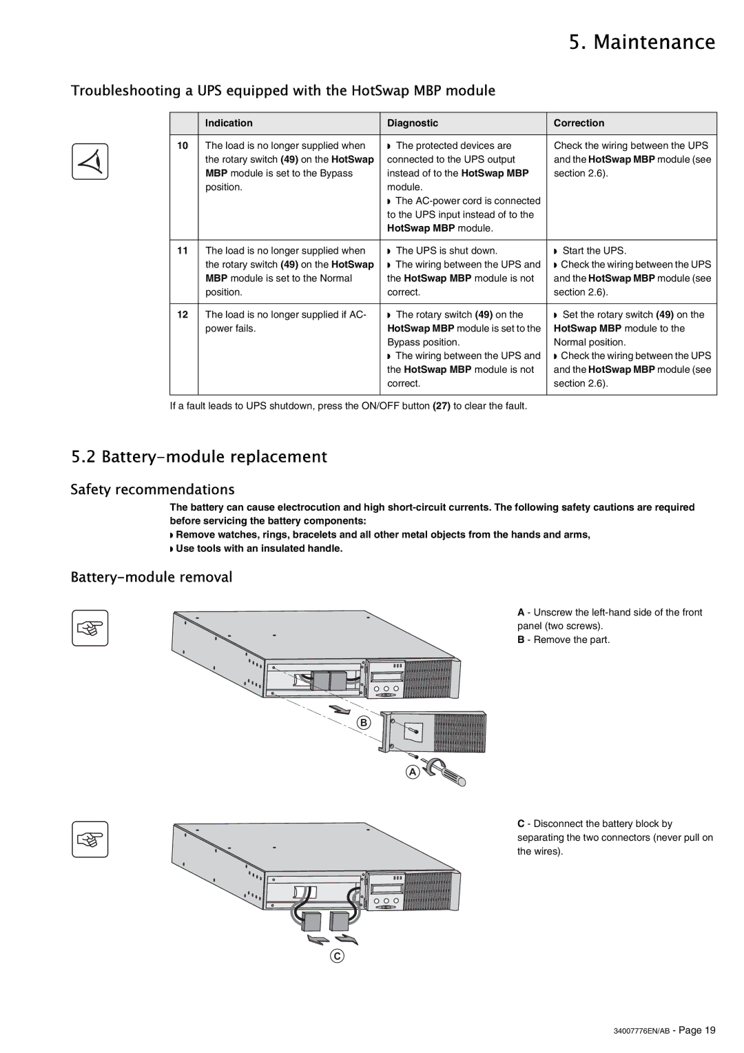 MGE UPS Systems 2200 RT 3U Battery-module replacement, Troubleshooting a UPS equipped with the HotSwap MBP module 