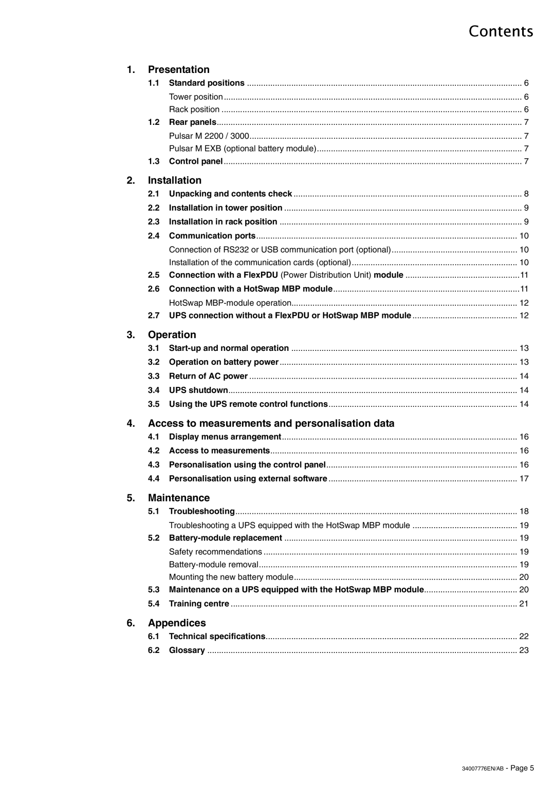 MGE UPS Systems 3000 RT 2U, EXB RT 3U, 2200 RT 3U, 2200 RT 2U, 3000 RT 3U XL user manual Contents 