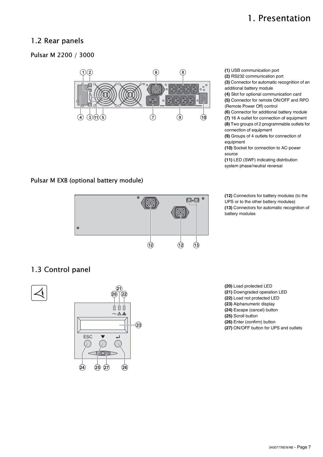 MGE UPS Systems 2200 RT 3U, EXB RT 3U Rear panels, Control panel, Pulsar M 2200, Pulsar M EXB optional battery module 