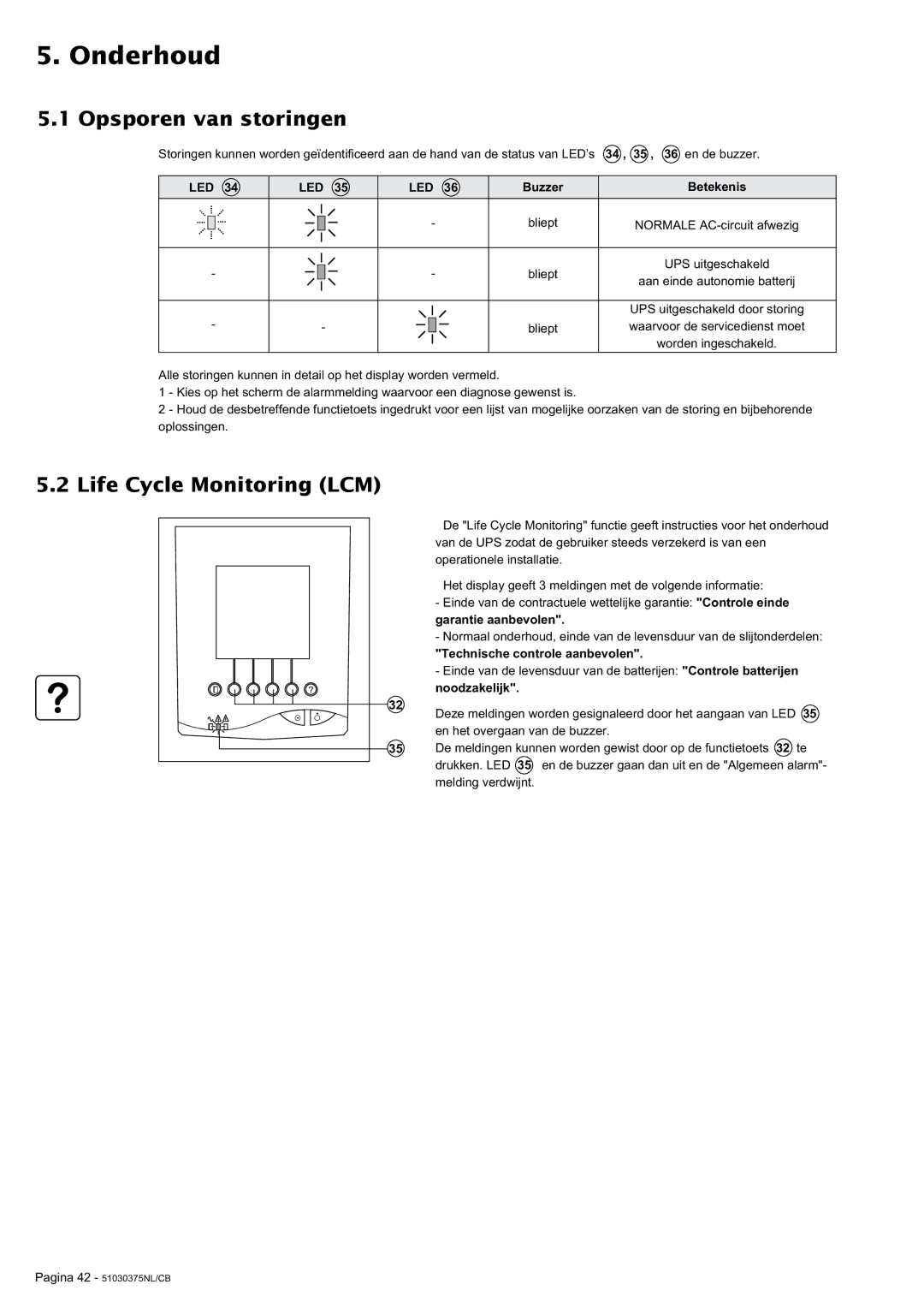 MGE UPS Systems Galaxy 3000 manual Onderhoud, Opsporen van storingen, Life Cycle Monitoring LCM 