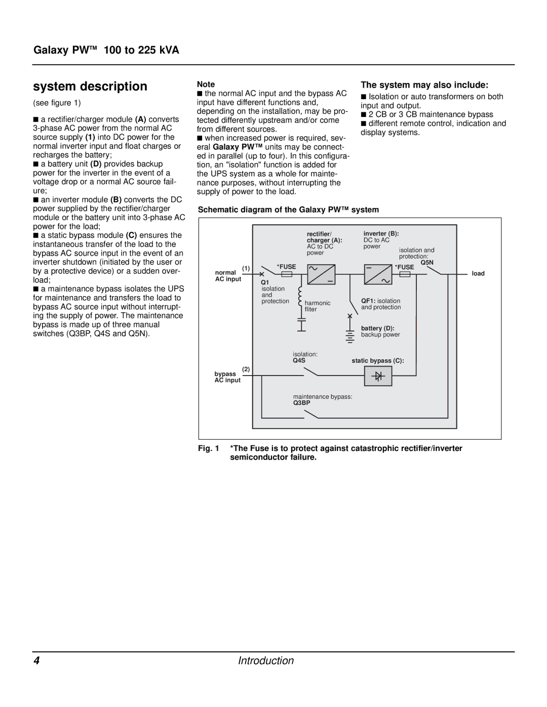 MGE UPS Systems user manual System description, Schematic diagram of the Galaxy PW system 