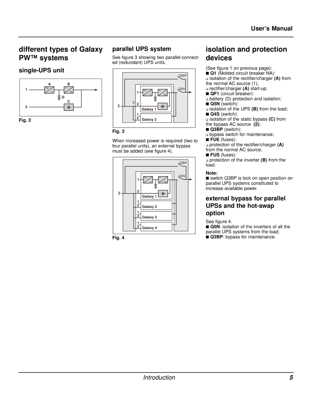 MGE UPS Systems user manual Different types of Galaxy PW systems, Isolation and protection devices 