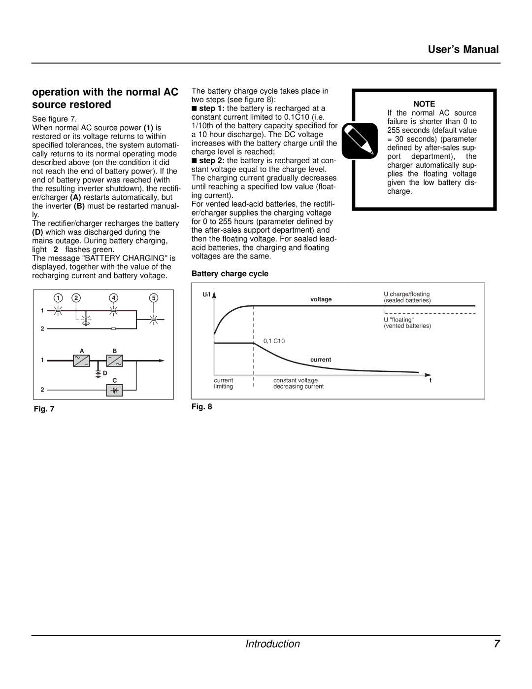 MGE UPS Systems Galaxy PW user manual User’s Manual Operation with the normal AC source restored, Battery charge cycle 