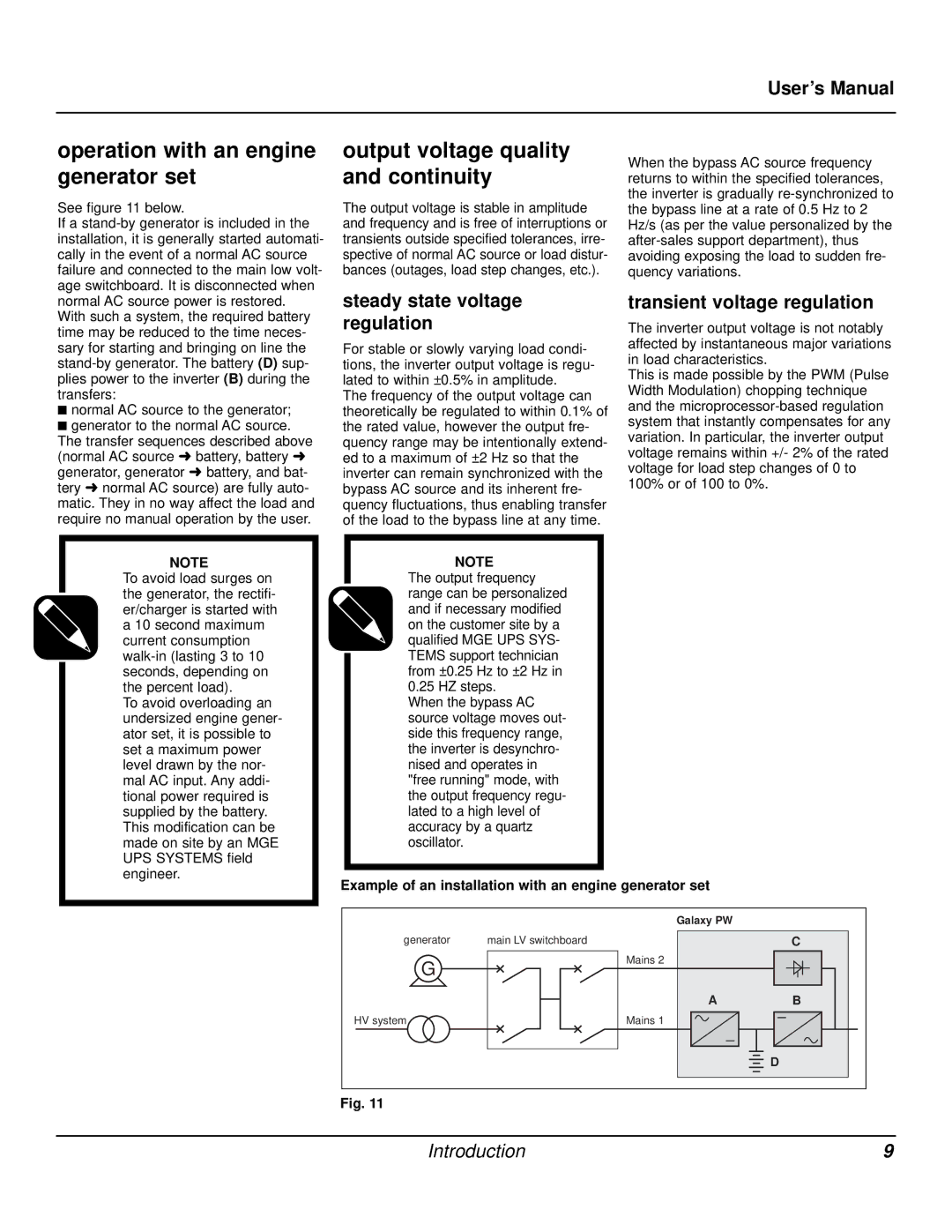 MGE UPS Systems Galaxy PW user manual Operation with an engine generator set, Output voltage quality and continuity 