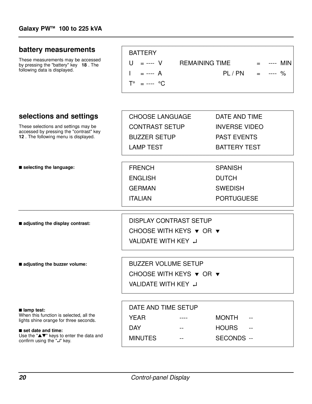 MGE UPS Systems Galaxy PW user manual Battery measurements, Selections and settings, Set date and time 