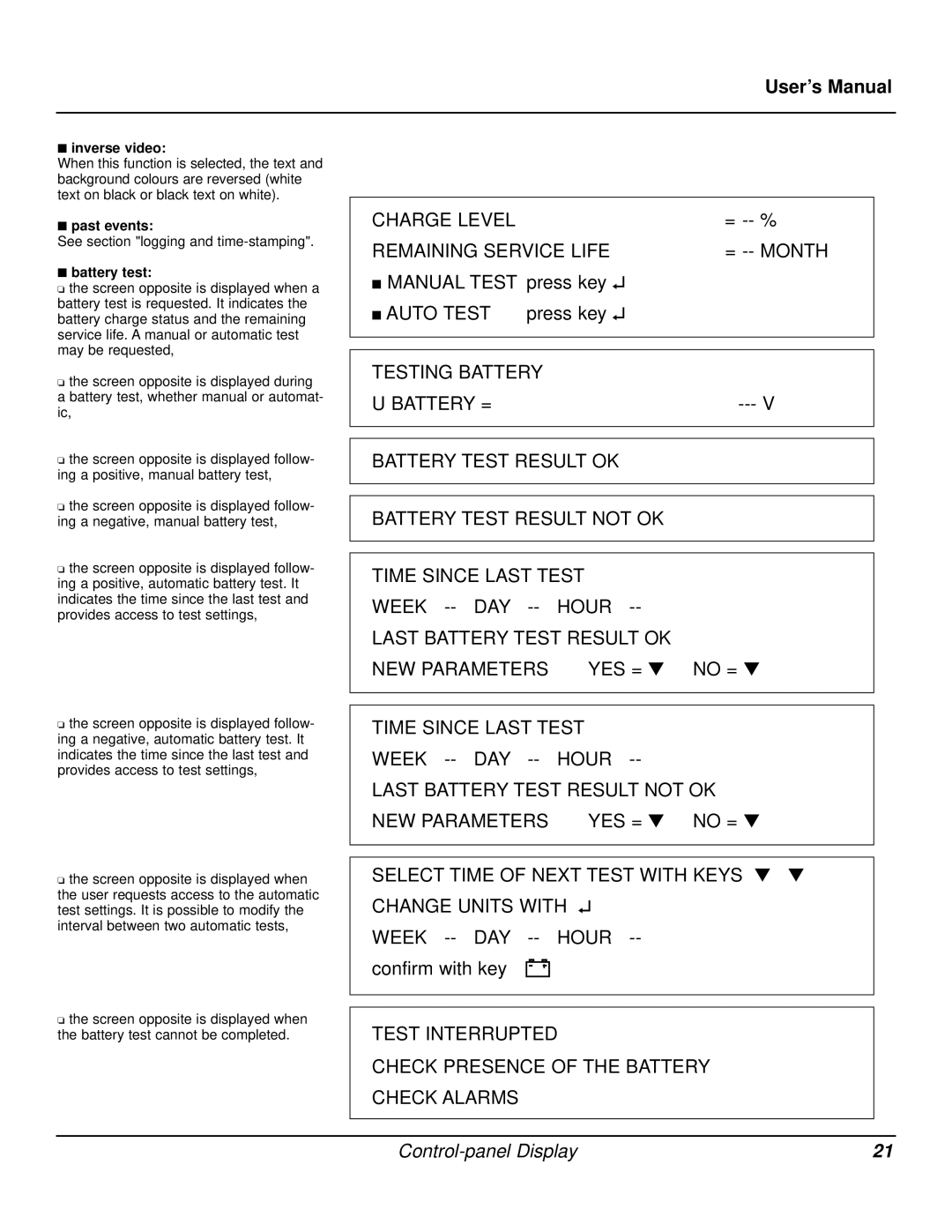 MGE UPS Systems Galaxy PW user manual Inverse video, Past events, Battery test 