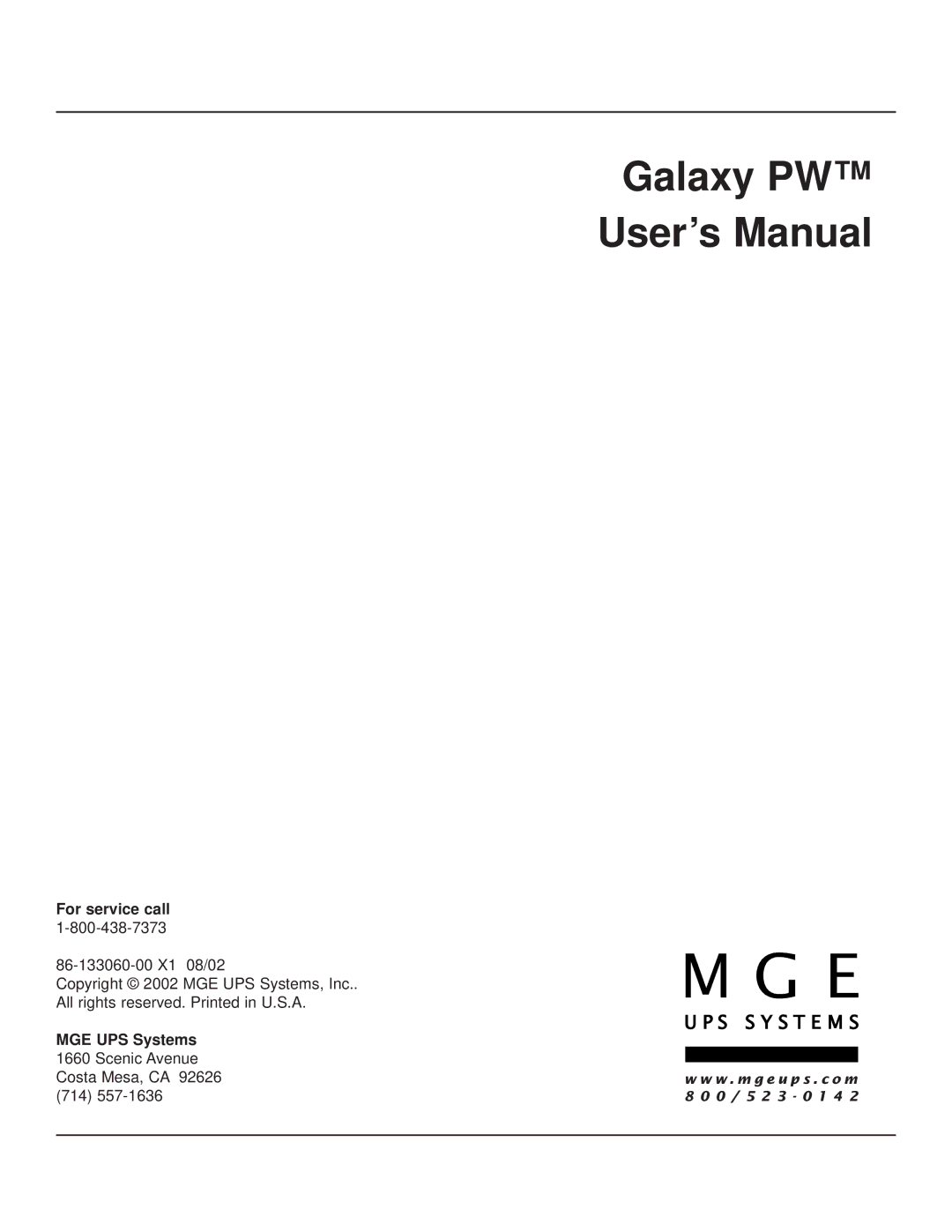 MGE UPS Systems user manual Galaxy PW User’s Manual 