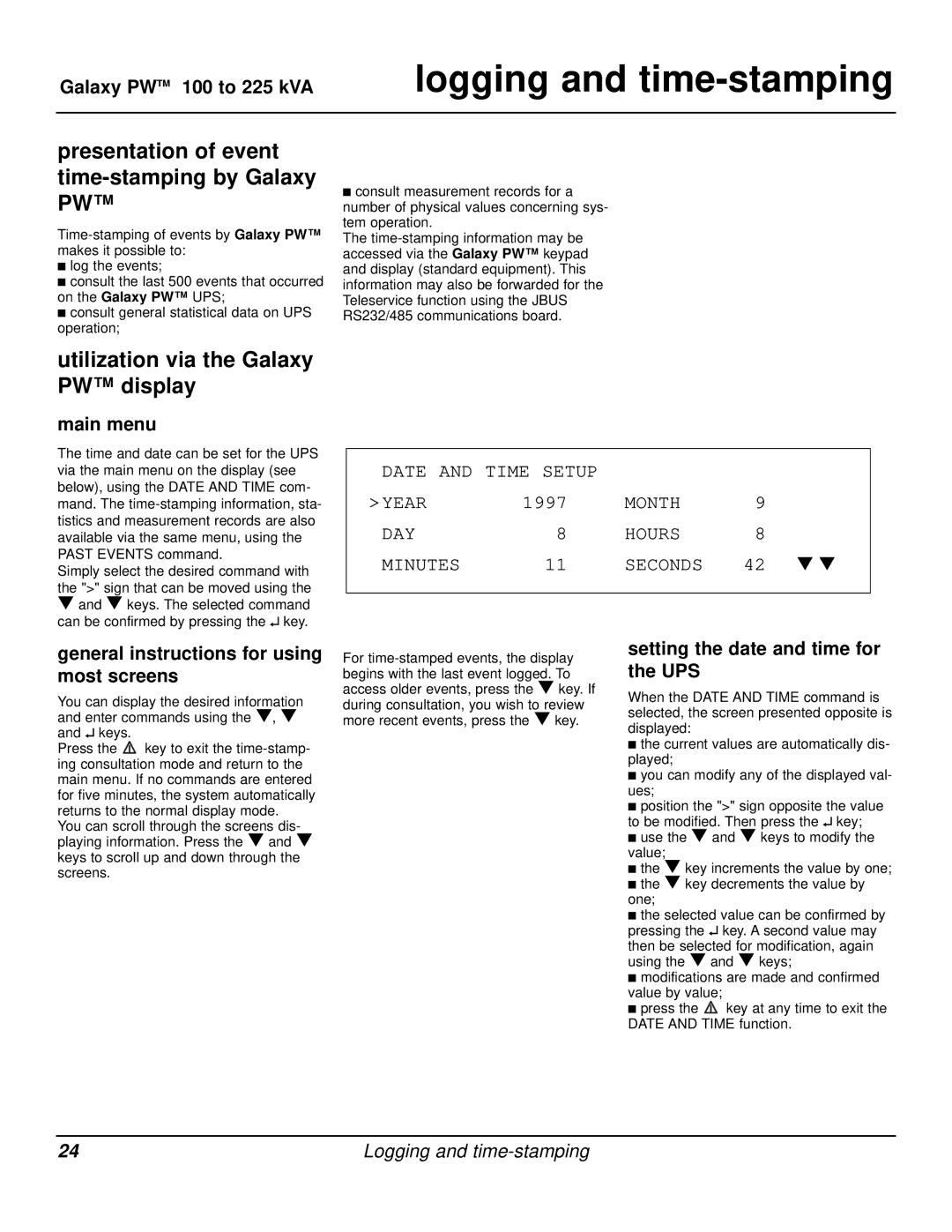 MGE UPS Systems user manual Logging and time-stamping, Presentation of event time-stamping by Galaxy PW 