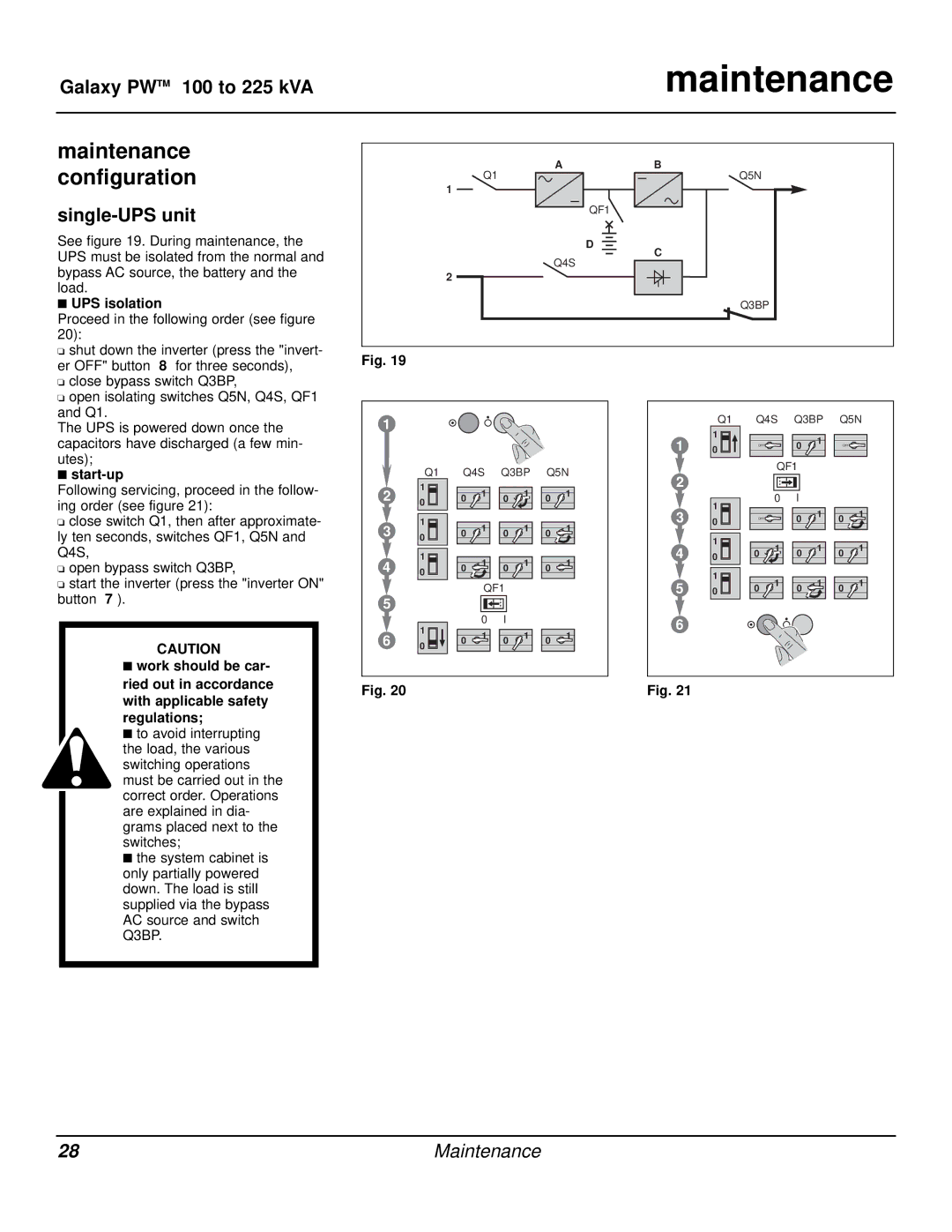 MGE UPS Systems Galaxy PW user manual Maintenance configuration, Single-UPS unit, UPS isolation, Start-up 