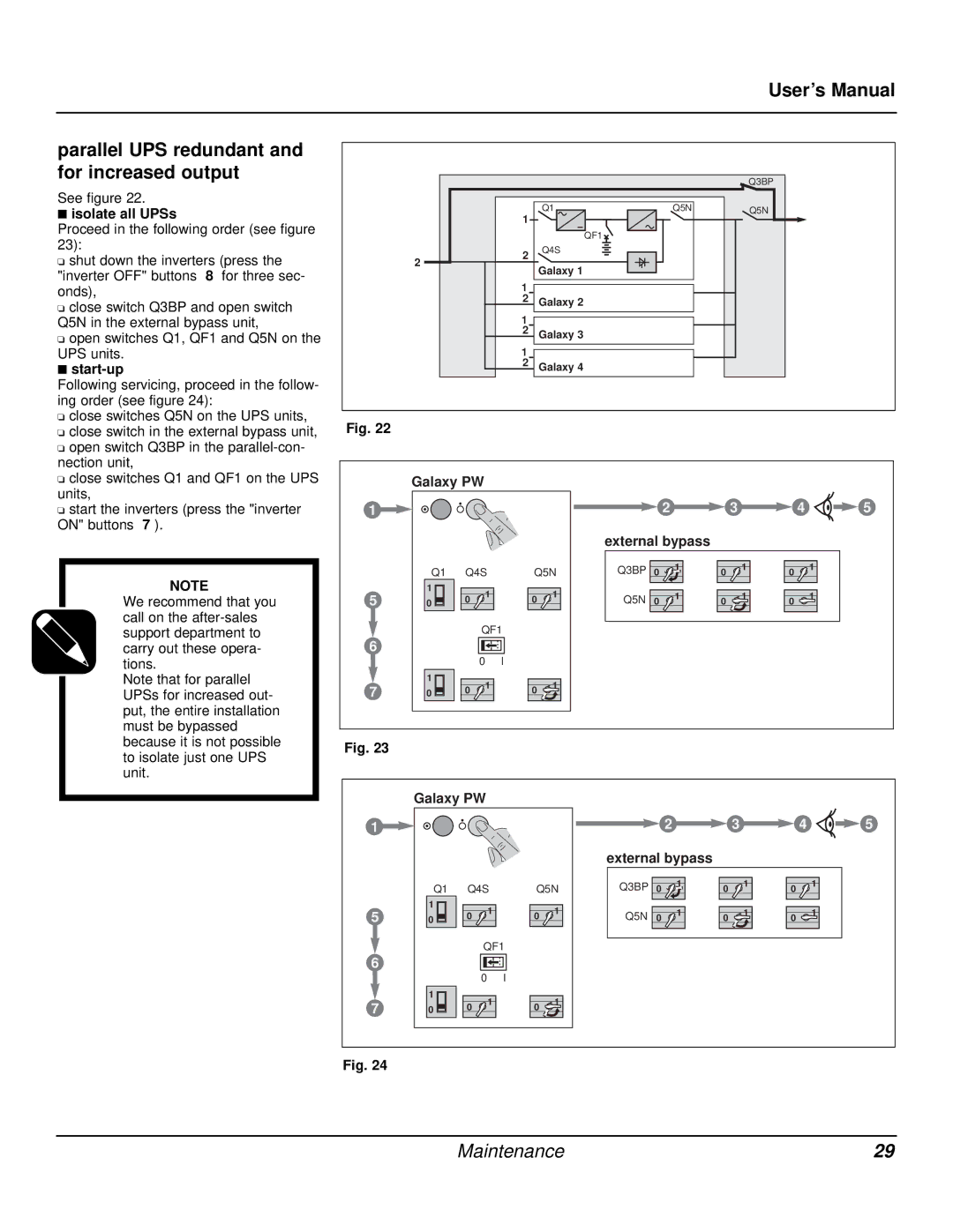 MGE UPS Systems user manual Isolate all UPSs, Galaxy PW External bypass 