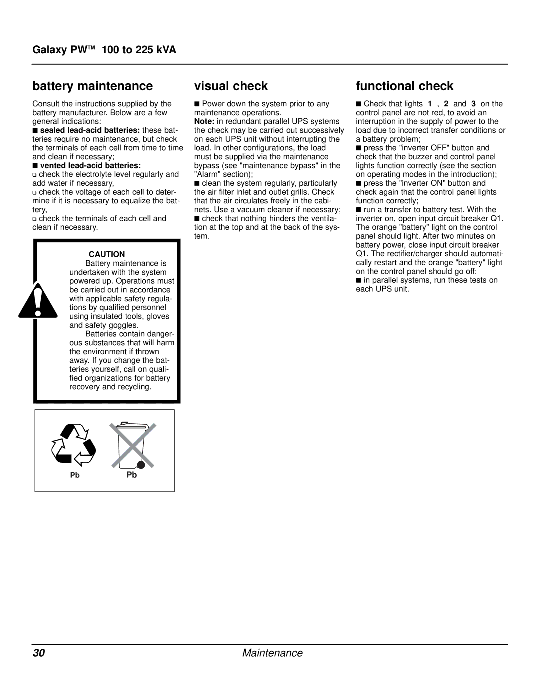 MGE UPS Systems Galaxy PW user manual Battery maintenance, Visual check, Functional check 