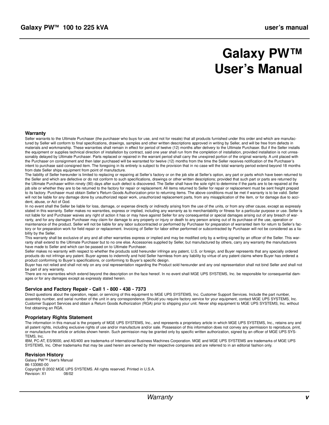 MGE UPS Systems user manual Galaxy PW User’s Manual, Galaxy PW TM 100 to 225 kVA User’s manual, Warranty 