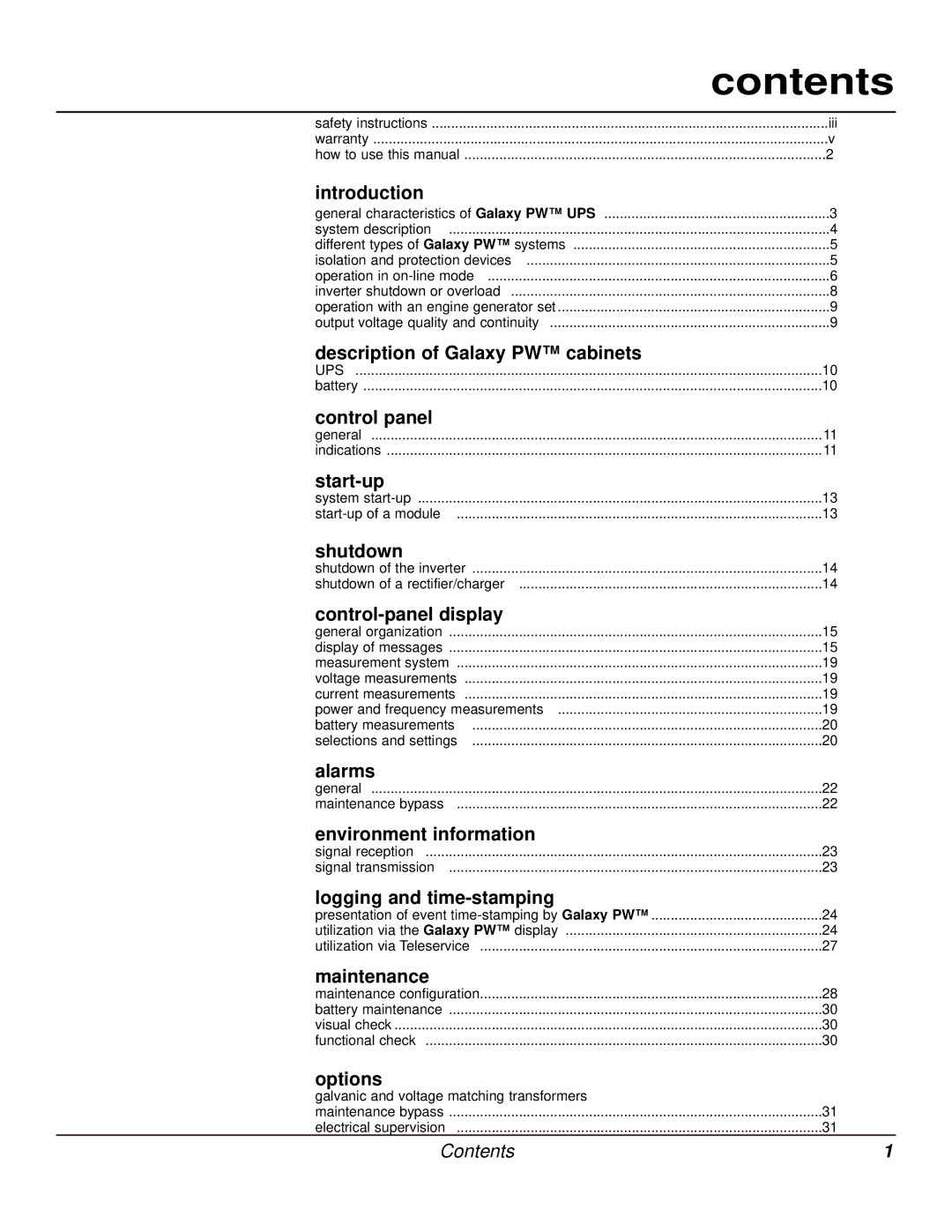 MGE UPS Systems Galaxy PW user manual Contents 