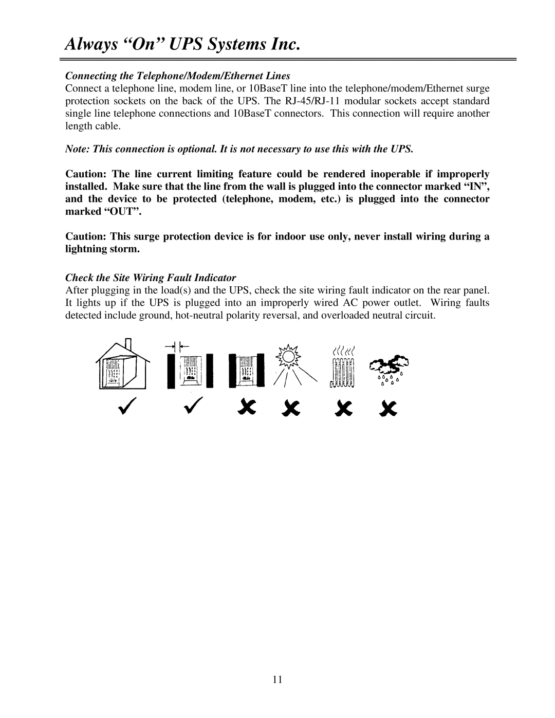 MGE UPS Systems GES-152L, GES-202L Connecting the Telephone/Modem/Ethernet Lines, Check the Site Wiring Fault Indicator 