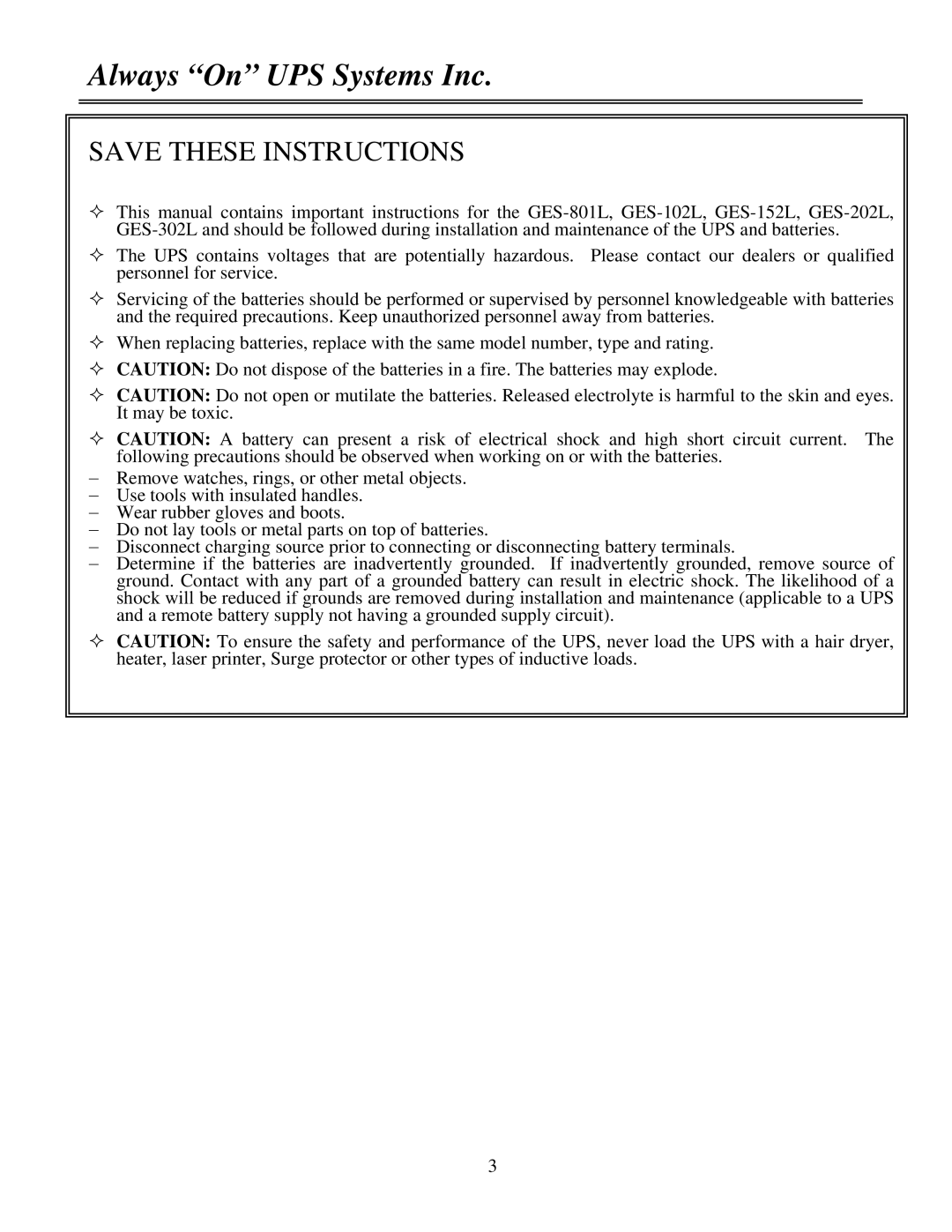 MGE UPS Systems GES-801L, GES-202L, GES-152L, GES-302L, GES-102L user manual Always On UPS Systems Inc 